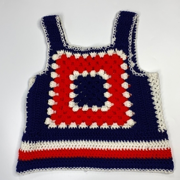 Crochet Knitted Granny Square Red White & Blue Tank Top - Picture 1 of 4
